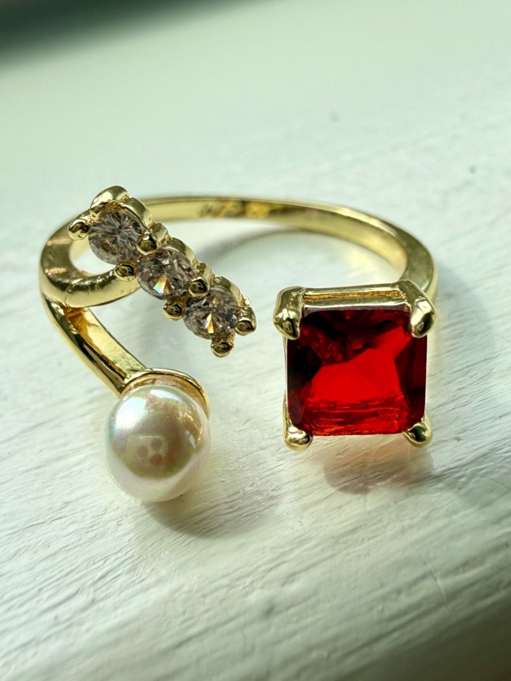 NEW! Gold Open Ring with Pearl, Clear Stones and Red Gem - fully adjustable